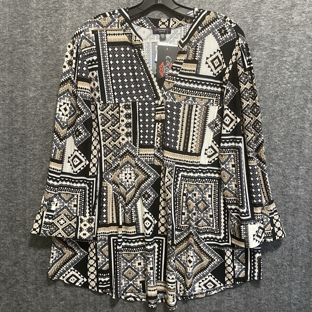 NEW Cocomo Woman Top 2X Artsy Patchwork Studded Pintuck Stretch Popover Tunic‎
